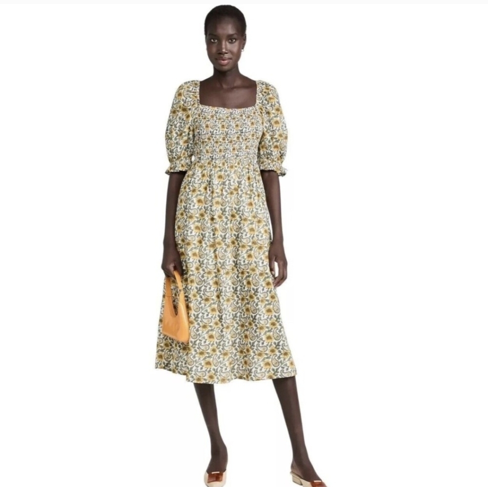RAHI Milkmaid Midi Yellow Multicolored Ditsy Floral Cottagecore Cotton Dress(M)